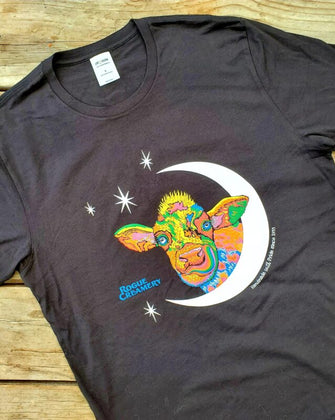 Rainbow cow print on black shirt