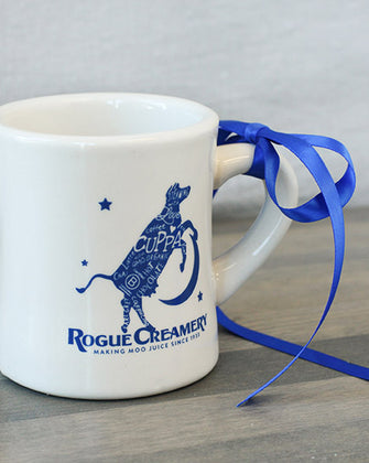 Rogue Creamery Diner Mug with blue ribbon wrapped around the handle