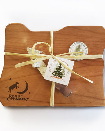 Oregon shaped cutting boardw ith Rogue Creamery Branding